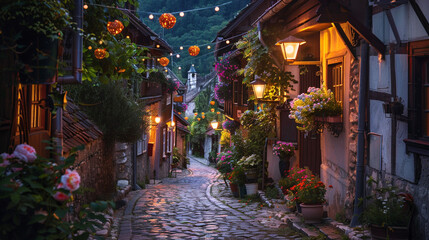 Wall Mural - A quaint village street illuminated by vintage lanterns, with cobblestone pathways and colorful flower baskets hanging from charming cottages.