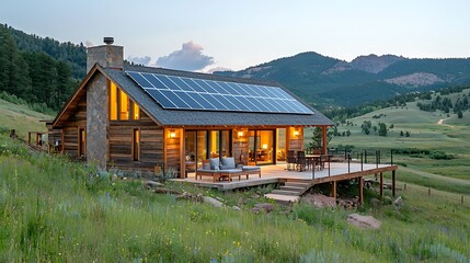 Canvas Print - Mountain cabin, solar panels, dusk, deck, valley view