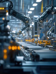Poster - Automated assembly line featuring multiple robotic arms in a high-tech manufacturing facility during daylight hours