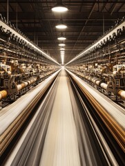 Poster - An expansive industrial textile factory with rows of high-tech machinery weaving and processing fabric.