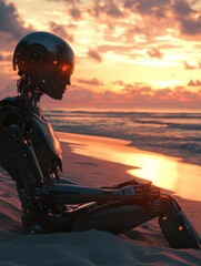 Poster - A humanoid robot sits on a sandy beach at sunset. gazing out at the ocean.