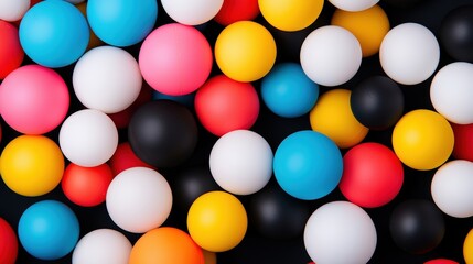 Poster - A vibrant assortment of colorful balls scattered randomly, featuring various shades like pink, blue, yellow, black, and white against a dark background.