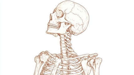 Poster - Detailed anatomical illustration of a human skeleton showcasing cranial and cervical features in neutral position. Generative AI