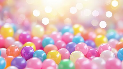 Poster - A vibrant collection of colorful balls scattered on a surface, creating a cheerful and playful atmosphere with soft bokeh lighting in the background.