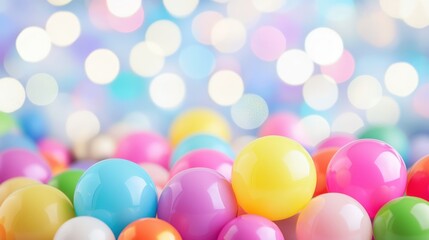 Poster - A vibrant collection of colorful balls resting on a soft background, creating a playful and cheerful atmosphere.