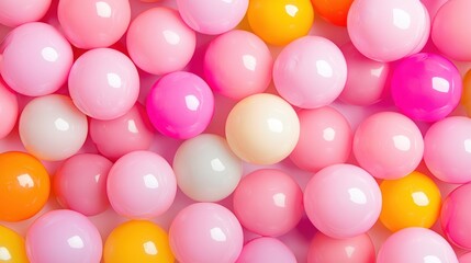 Poster - A vibrant assortment of colorful plastic balls in shades of pink, yellow, and orange, creating a playful and cheerful visual display.