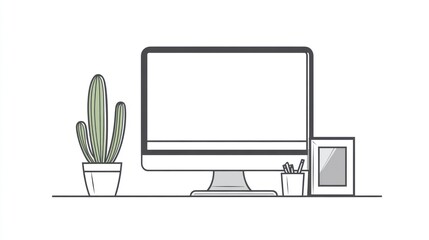 Poster - Minimalist office desktop with computer, cactus, and photo frame