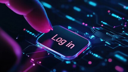 Poster - Finger Touching a Neon 'Log In' Button on a Futuristic Circuit Board Background in a Digital World Concept for Online Access and Technology
