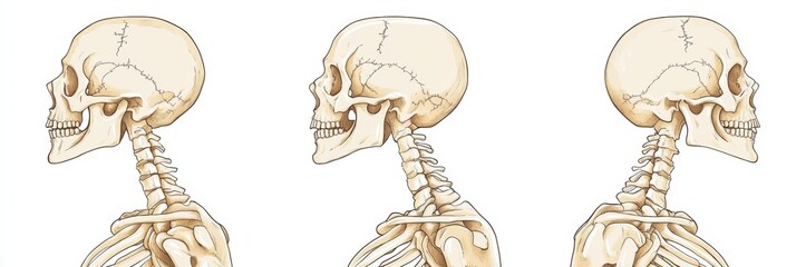 Poster - Detailed anatomical illustration of human skull and neck bones from three perspectives. Generative AI