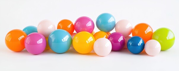 Poster - A vibrant arrangement of colorful plastic balls in various sizes, showcasing a playful and lively aesthetic against a clean white background.