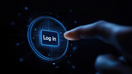 Poster - Digital Login Button with Futuristic Design, User Interaction Through Touch on a Dark Background, Cybersecurity Concept and Technology Experience