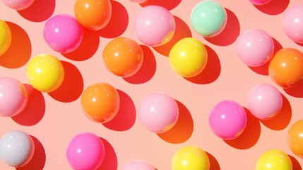 Poster - Colorful plastic balls scattered on a soft pink background, creating a vibrant and playful aesthetic.