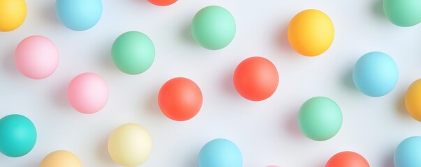 Poster - Colorful pastel balls scattered on a light background create a playful and vibrant visual, perfect for decorations or creative projects.