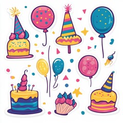 Aufkleber - Colorful festive stickers featuring balloons, cakes, party hats, and confetti for celebrations and parties. Generative AI