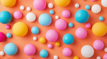 Poster - A vibrant arrangement of colorful plastic balls in various sizes against a peachy background, creating a playful and energetic visual.