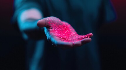 Poster - Engineer Energy Tablet concept. Futuristic Hand Interacting with Floating Holographic Display