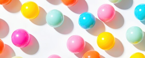 Poster - Colorful, glossy balls in various pastel shades are scattered across a white background, creating a playful and vibrant aesthetic.