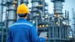 © JCreative - Engineer Energy Tablet concept. Industrial Engineer Analyzing Power Plant Efficiency with Diagnostic Monitoring and Analytics