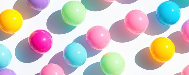 Poster - Colorful pastel balls arranged in a playful pattern, casting shadows on a white surface, evoking a cheerful and whimsical atmosphere.