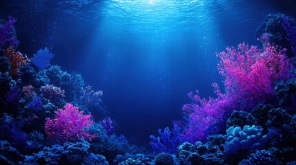 Poster - Vibrant Underwater Scene with Colorful Coral Reefs and Sunlight Filtering Through Deep Ocean Water, Capturing Marine Life Beauty and Diversity