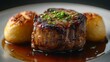 © Hnf - Close-up of grilled beef tenderloin steak with roasted potatoes and gravy.