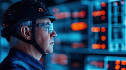 Poster - Engineer Energy Tablet concept. Professional Engineer Wearing Helmet Examining Control Panel Interface