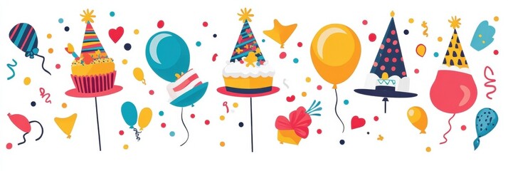 Aufkleber - Colorful festive decorations featuring balloons, confetti, party hats, and cakes brightening up a celebration atmosphere. Generative AI