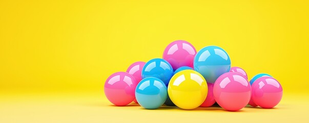 Poster - Colorful plastic balls in pink, blue, and yellow stacked against a vibrant yellow background, creating a playful and cheerful atmosphere.