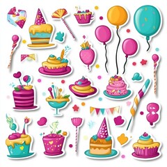 Poster - Festive stickers featuring colorful balloons, cakes, confetti, and party hats for any celebration or event. Generative AI