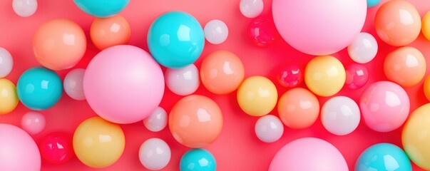 Poster - A vibrant assortment of colorful spheres, including pink, blue, and yellow, scattered against a bright pink background, creating a playful, cheerful atmosphere.