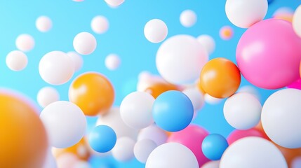 Poster - A vibrant background of colorful spheres in various sizes floating against a bright blue sky, creating a playful and whimsical atmosphere.