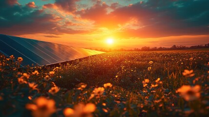 Wall Mural - Sunset over solar panels in a field of flowers. Renewable energy landscape