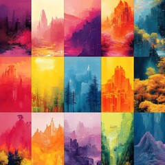 Wall Mural - A series of colorful paintings depicting various landscapes, including mountains