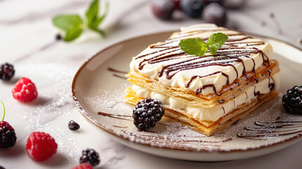 Layered cake with berries. A piece of delicious pie with berries.