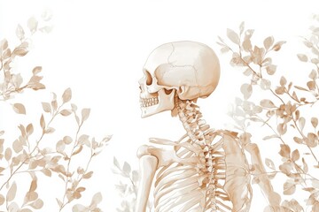 Poster - Skeleton with delicate leaves in a serene botanical setting illustrating anatomy. Generative AI