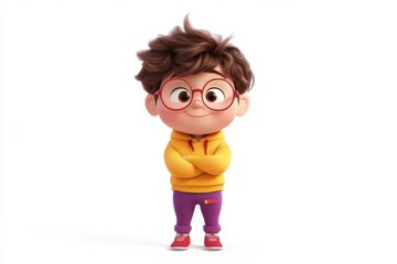 Aufkleber - 3D cartoon character of a boy with glasses and brown hair smiling confidently in a playful pose during a bright day. Generative AI