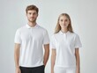 © WE.ARE.AI - Polo shirt mockup. Two models in white polo shirts stand side by side against a neutral background, showcasing a casual and stylish look.
