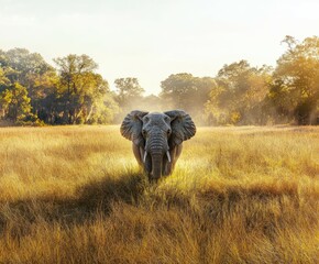 Wall Mural - Majestic elephant standing in golden grassland at sunset