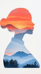 Poster - Silhouette of a woman overlaid with serene mountain landscape at sunset artistic tranquil environment