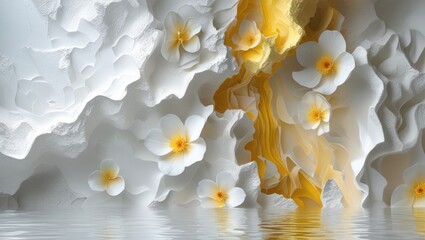 Poster - Serene abstract background featuring white and yellow floral elements with a reflective surface creating a peaceful and harmonious ambiance.