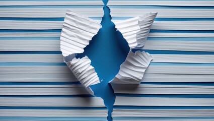 Poster - torn paper revealing blue background with striped pattern and copy space for text placement. texture