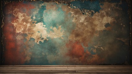 Poster - Textured grunge background with rustic colors and wooden floor for creative design projects and photography concepts.