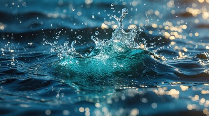 Poster - Water splash with droplets and bokeh effect in blue tones rippling on the surface of the water Copy Space