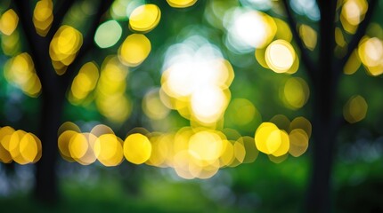 Poster - abstract bokeh background with green and yellow lights and blurred trees creating a soft dreamy atmo