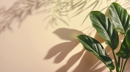 Poster - elegant template featuring lush green plant shadows on a soft beige backdrop, ideal for versatile de
