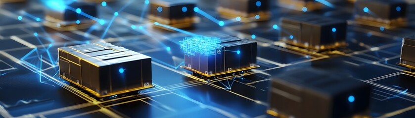 Poster - A close-up view of a futuristic circuit board featuring interconnected processors with glowing lights, representing advances in technology and digital innovation.