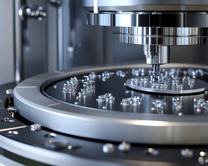 Poster - A close-up view of advanced machinery in an industrial setting, showcasing precision engineering and high-tech components. Ideal for technology and manufacturing themes.