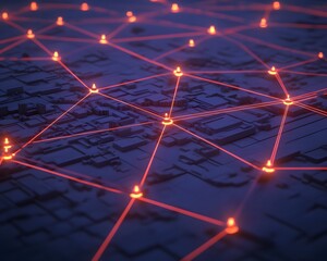 Poster - A close-up view of an abstract digital network, showcasing glowing red nodes connected by lines over a dark background, representing modern technology and digital communication.