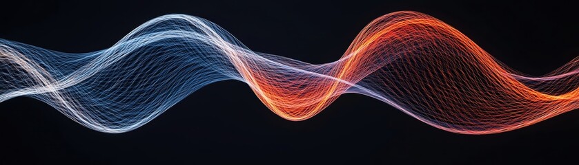 Poster - dynamic wave patterns in red and blue representing sound or light waves.