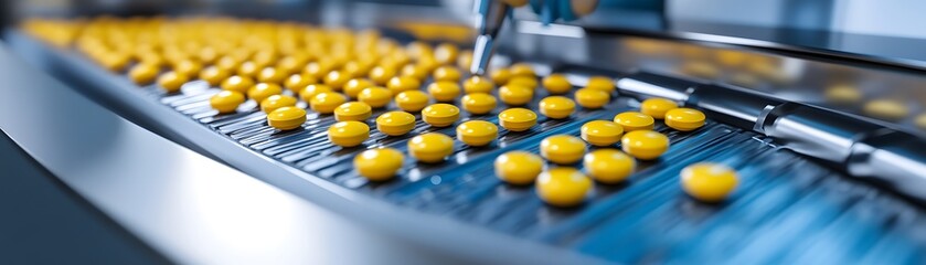 Poster - A close-up view of yellow products moving along a conveyor belt in a modern manufacturing facility